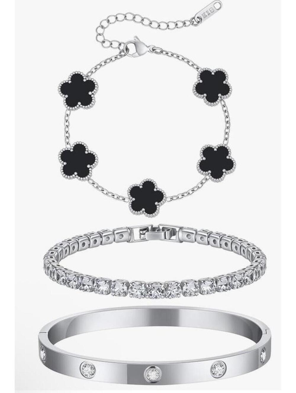 Set of 3 Silver Bracelets with Black Flower, Crystal, and Stud Details